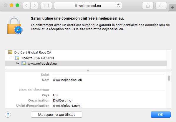 Affichage du certificat Thawte 123 dans le navigateur